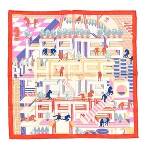 NEW NWT Hermes Silk Gavroche Horse Club Detail Scarf 45 Corail Rose Bleu